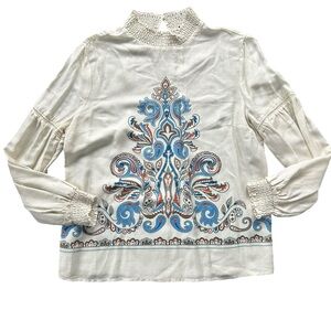 J. McLaughlin Silk Modal Blouse in Cream and Blue